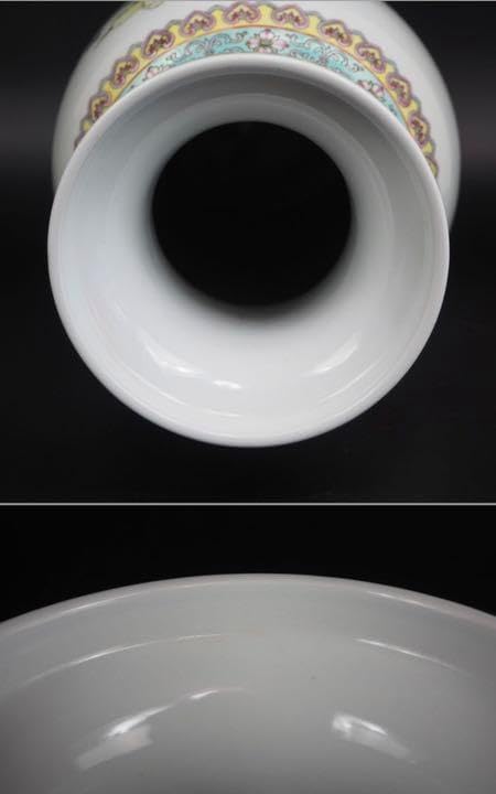 時代物『中国景徳鎮製』花鳥漢詩手書き粉彩花瓶 高さ46.5cm 中国古玩